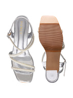 Women's Silver Strappy Heeled Sandals with Pearl Embellishments and Clear Martini Hee