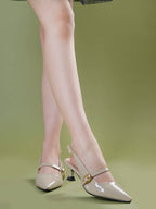 Women's Beige Patent Pointed-Toe Slingback Heels with Mary Jane Strap and Gold Buckle Detail