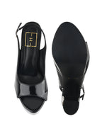 Women’s Black Patent Peep-Toe Platform Sandals with Chunky Block Heel and Slingback Strap
