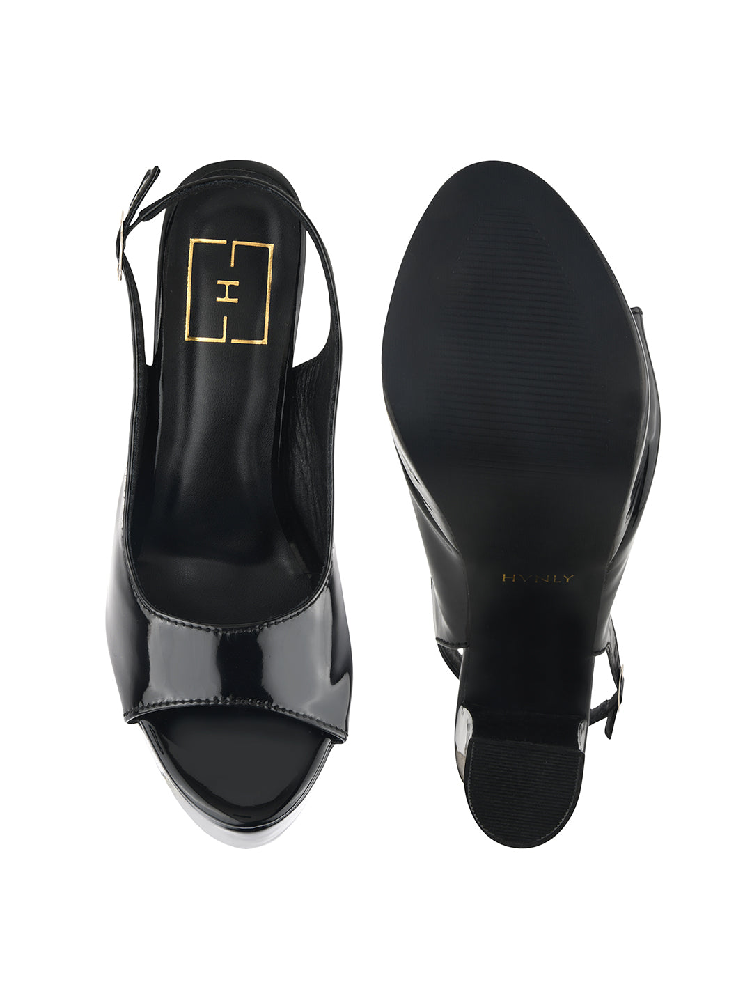 Women’s Black Patent Peep-Toe Platform Sandals with Chunky Block Heel and Slingback Strap