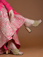 Shimmering Golden Embellished Block Heel Mules – Festive Square-Toe Sandals