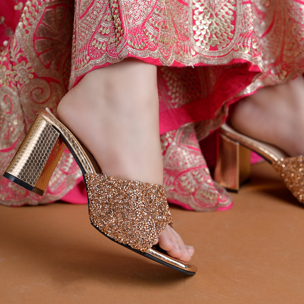 Shimmering Rose-Gold Embellished Block Heel Mules – Festive Square-Toe Sandals