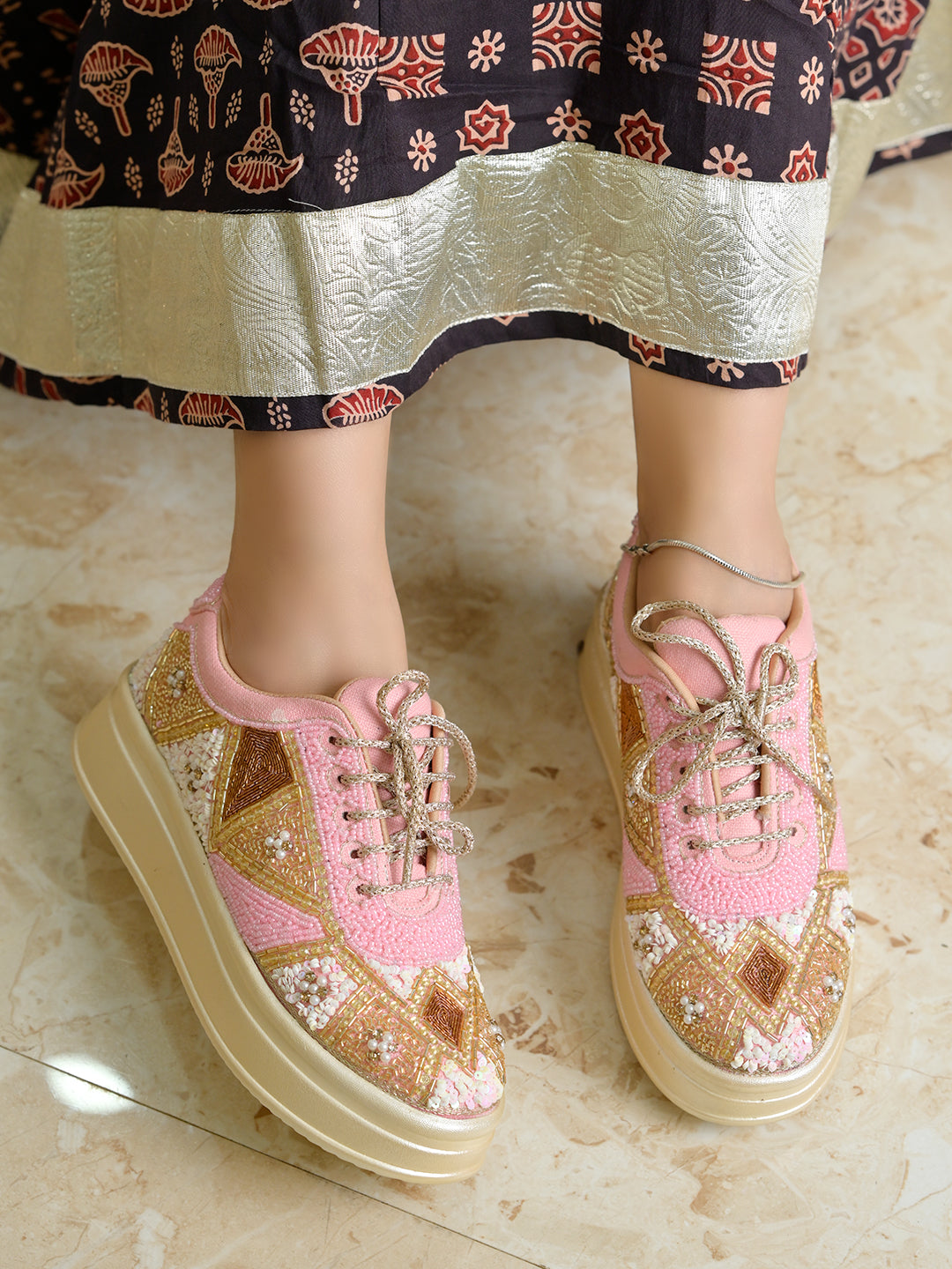 Women’s Wedding Sneakers | Pink Bridal Shoes with Pearls & Lace | Comfortable Flat Sneakers for Brides