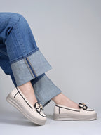 Elegant Cream Bow Loafers with Rhinestone Accents – Contrast Piping Design For Women