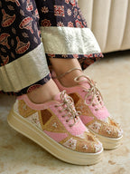 Women’s Wedding Sneakers | Pink Bridal Shoes with Pearls & Lace | Comfortable Flat Sneakers for Brides