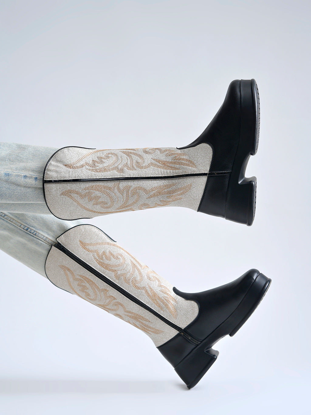 Rodeo Black & White Embroidered Platform Cowboy Boots For Women & Girls