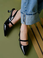Women's Black Patent Pointed-Toe Slingback Heels with Mary Jane Strap and Gold Buckle Detail