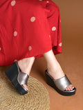 Women's Elegant Grey Wedge Sandals – Glamorous Metallic Platform Slides