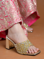 Shimmering Golden Embellished Block Heel Mules – Festive Square-Toe Sandals