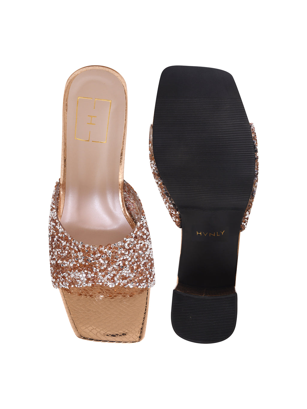 Shimmering Rose-Gold Embellished Block Heel Mules – Festive Square-Toe Sandals