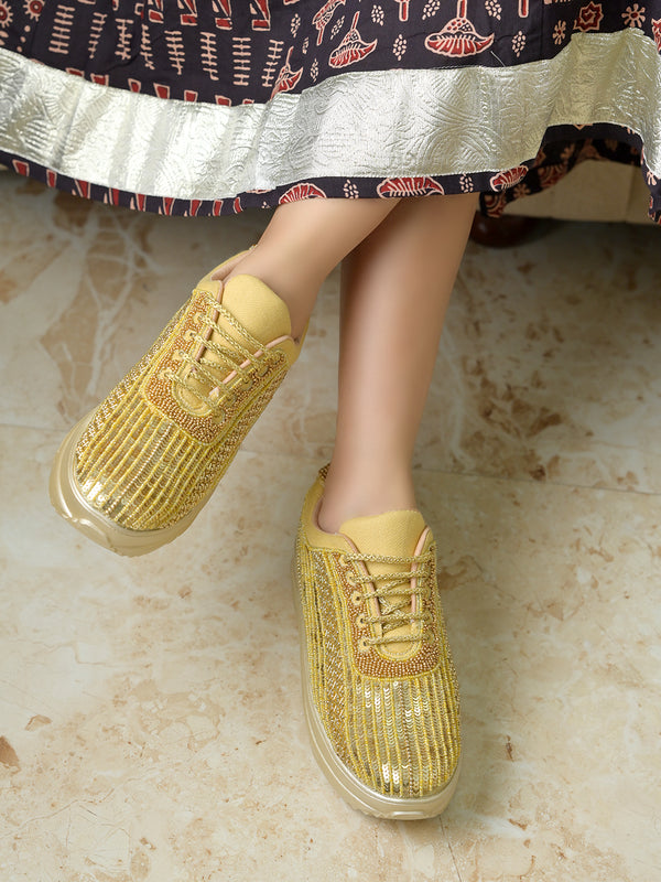 Women’s Wedding Sneakers | Golden Bridal Shoes with Pearls & Lace | Comfortable Flat Sneakers for Brides