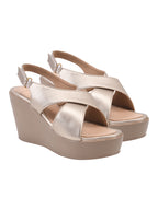 Elegant Metallic Champagne Gold Platform Wedge Sandals – High-Heel Crisscross Comfort Wedges