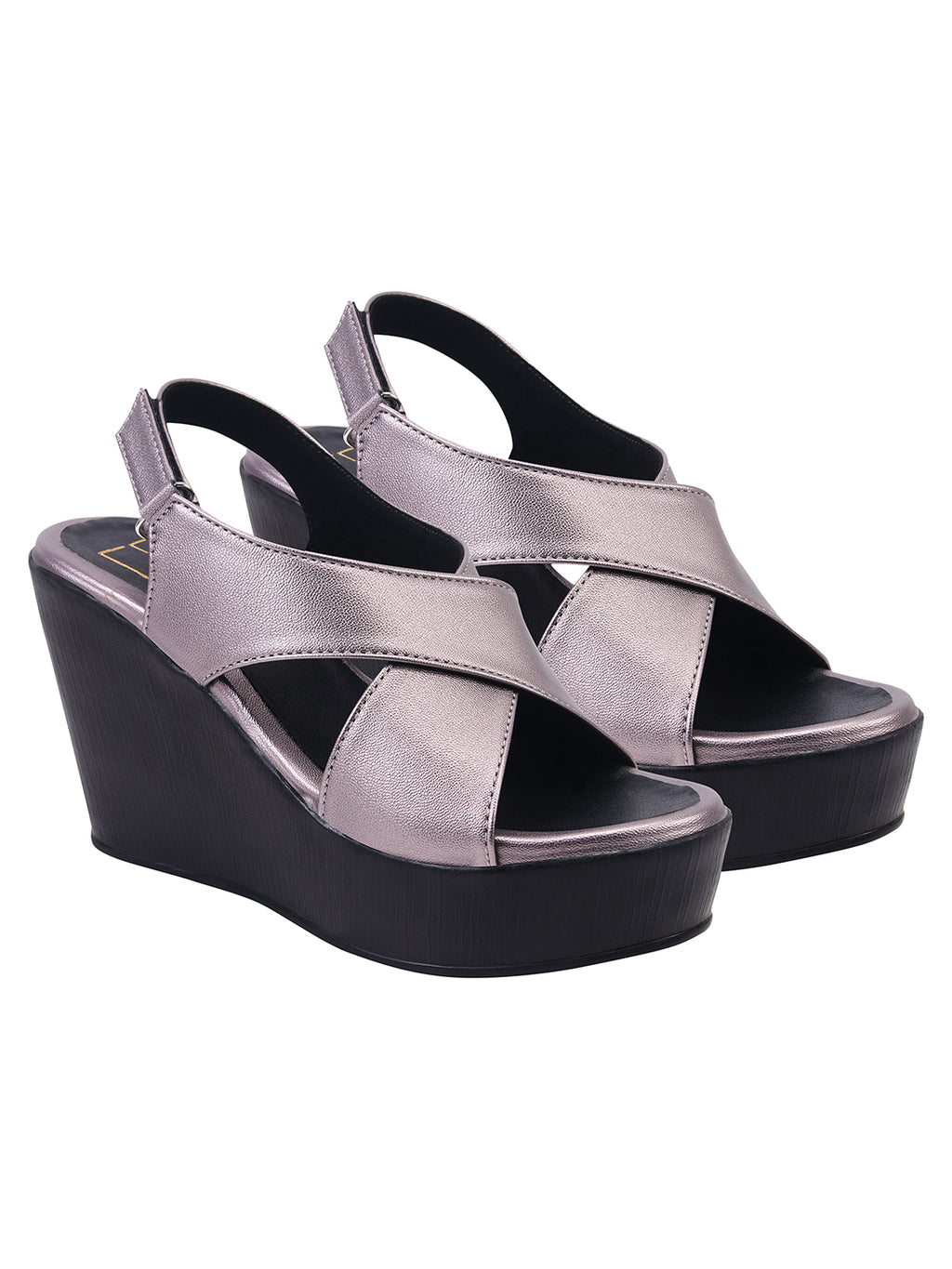 Elegant Metallic Champagne Grey Platform Wedge Sandals – High-Heel Crisscross Comfort Wedges