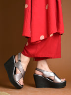 Elegant Metallic Champagne Grey Platform Wedge Sandals – High-Heel Crisscross Comfort Wedges