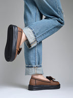 Women’s Slip-On Platform Loafers with Decorative Bow and Crystal Accent