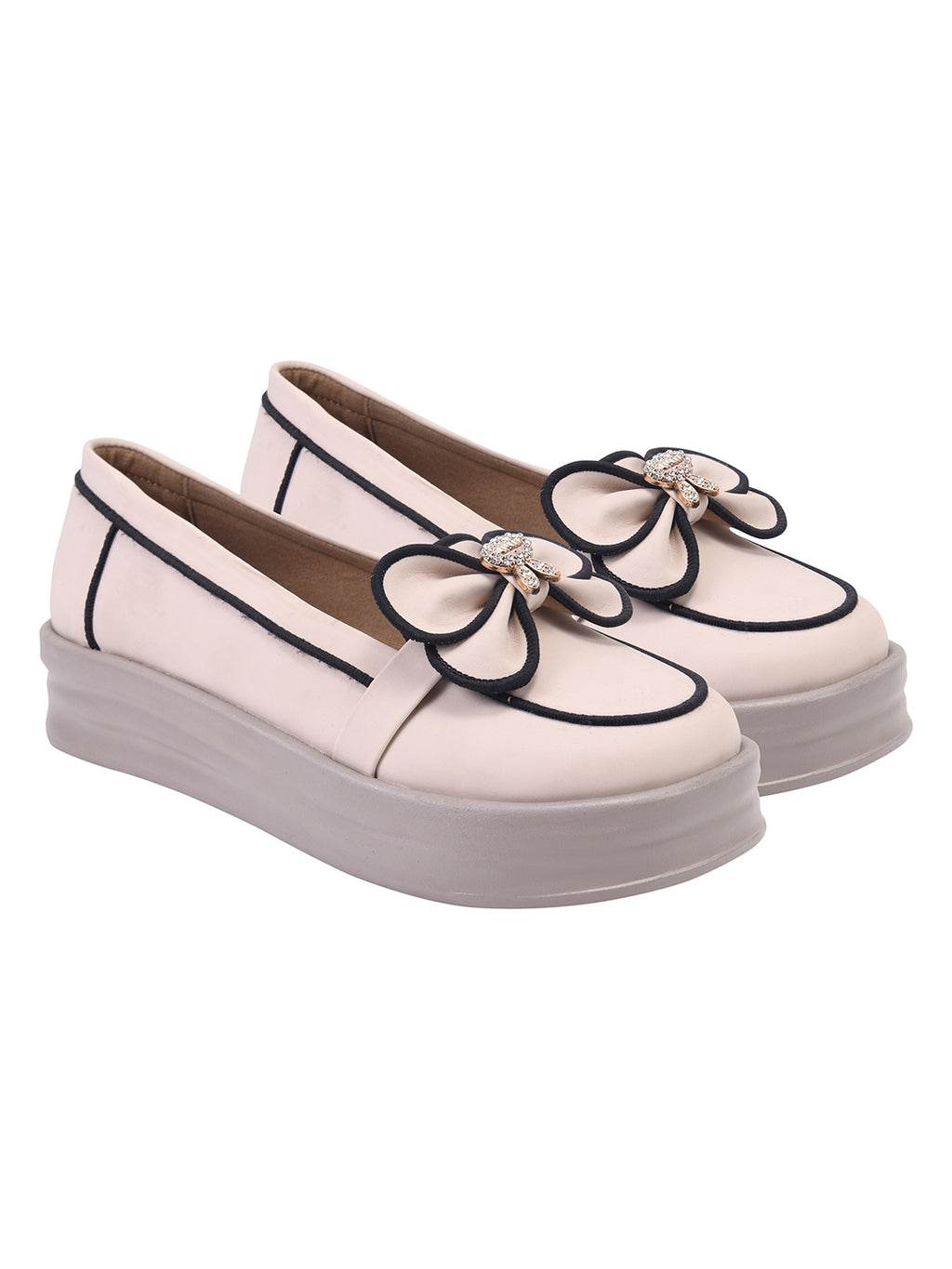 Elegant Cream Bow Loafers with Rhinestone Accents – Contrast Piping Design For Women