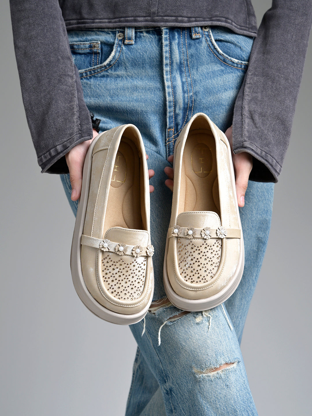 Beige Glitter Platform Loafers with Floral Embellishment For Women & Girls