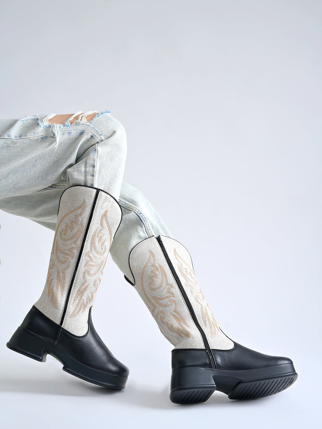 Rodeo Black & White Embroidered Platform Cowboy Boots For Women & Girls