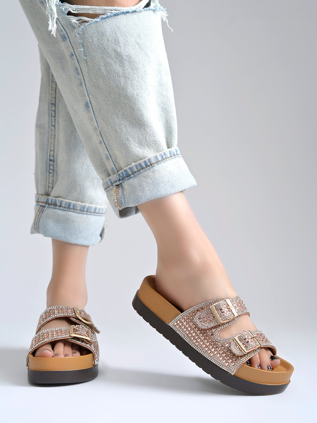 Women’s Embellished Two-Strap Buckle Sandals with Chunky Comfort Sole
