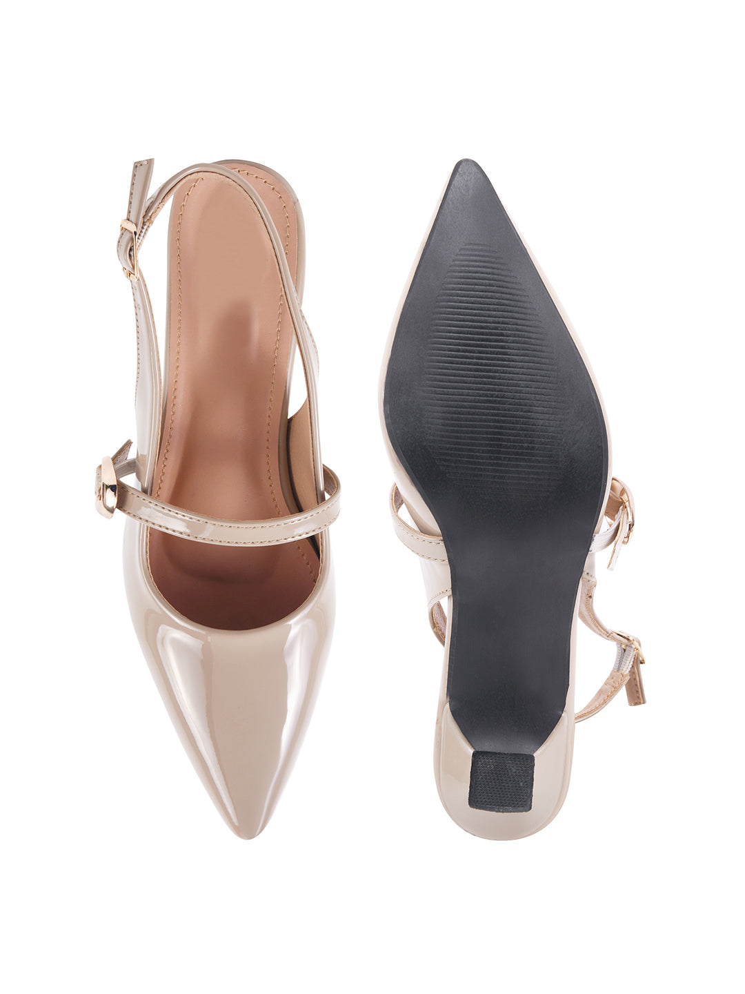 Women's Beige Patent Pointed-Toe Slingback Heels with Mary Jane Strap and Gold Buckle Detail