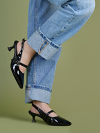 Women's Black Patent Pointed-Toe Slingback Heels with Mary Jane Strap and Gold Buckle Detail