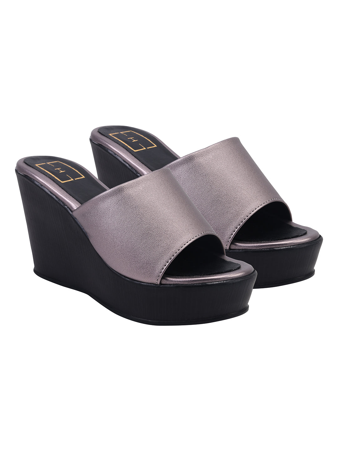 Women's Elegant Grey Wedge Sandals – Glamorous Metallic Platform Slides