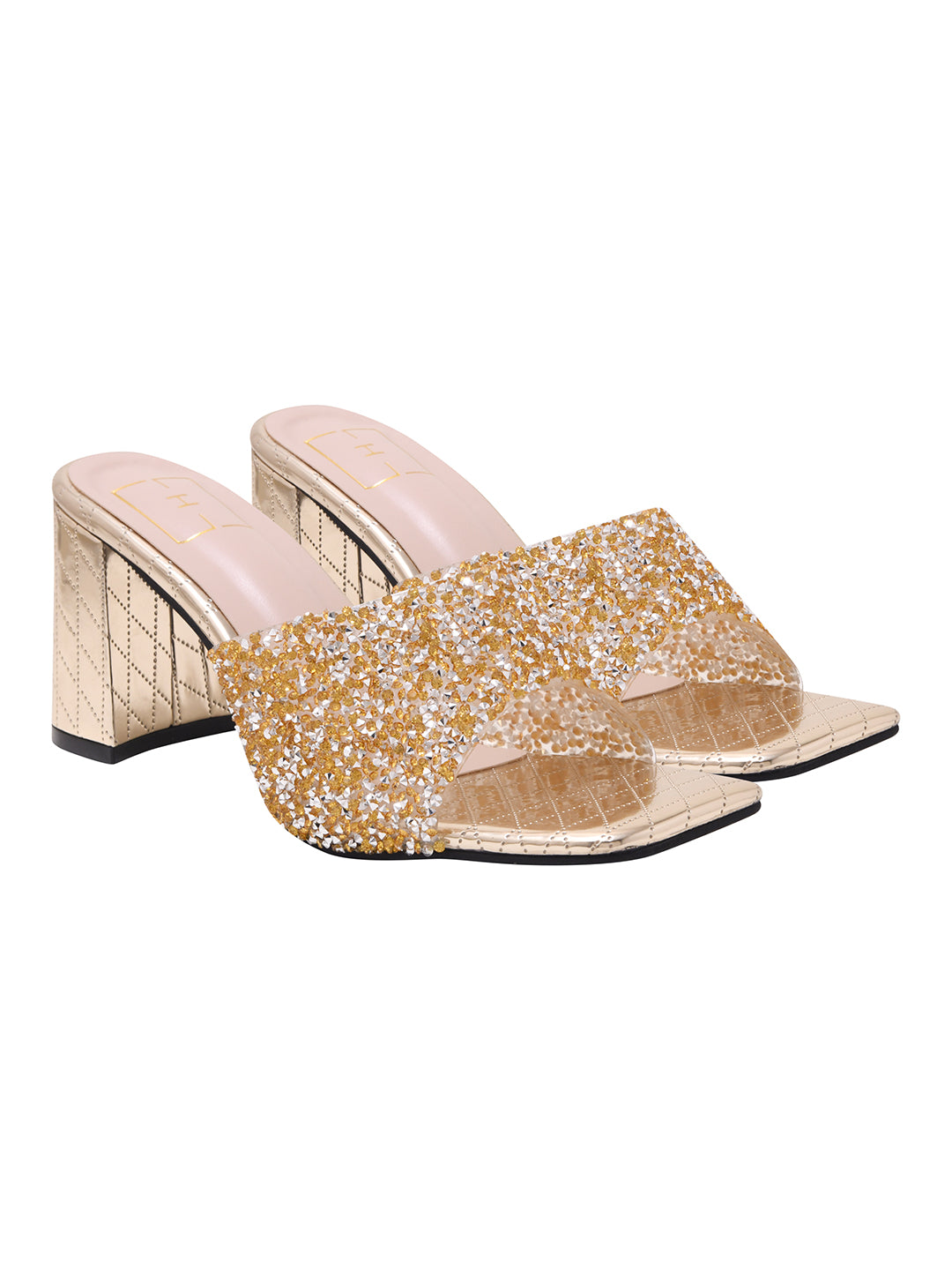 Shimmering Golden Embellished Block Heel Mules – Festive Square-Toe Sandals