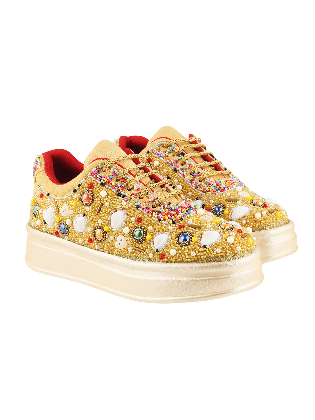 Women’s Wedding Sneakers | Golden Bridal Shoes with Pearls & Lace | Comfortable Flat Sneakers for Brides