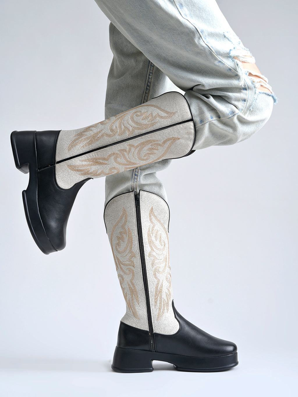 Rodeo Black & White Embroidered Platform Cowboy Boots For Women & Girls