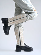 Rodeo Black & White Embroidered Platform Cowboy Boots For Women & Girls