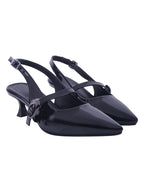 Women's Black Patent Pointed-Toe Slingback Heels with Mary Jane Strap and Gold Buckle Detail