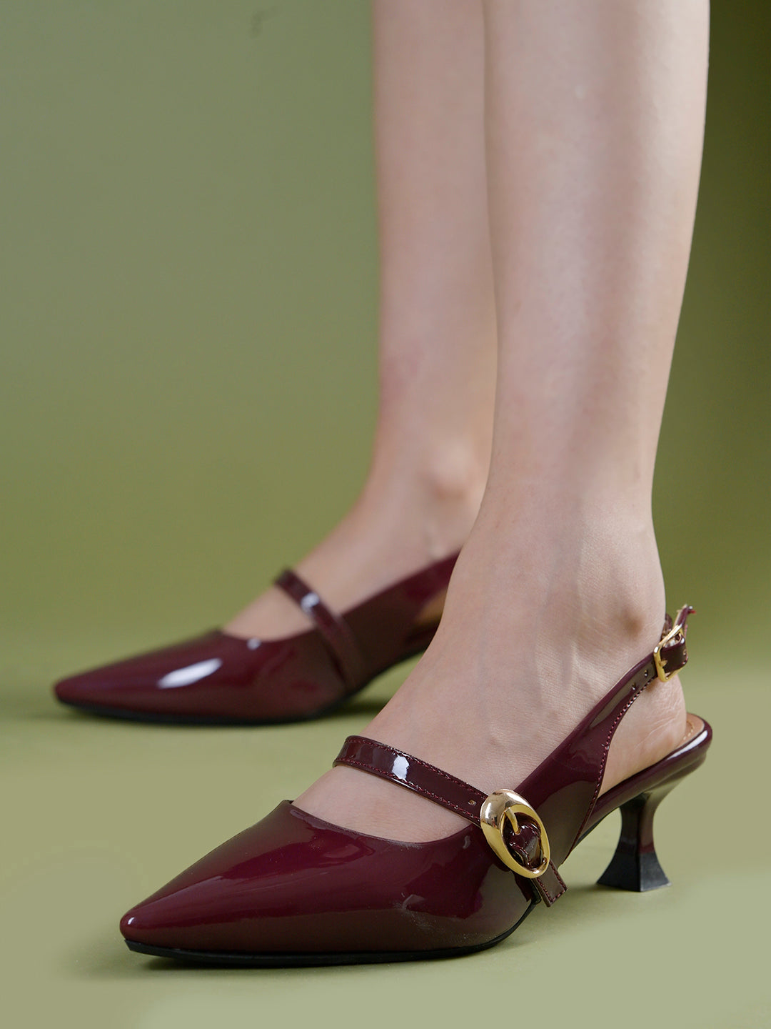 Women's Cherry Patent Pointed-Toe Slingback Heels with Mary Jane Strap and Gold Buckle Detail