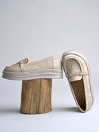 Beige Glitter Platform Loafers with Floral Embellishment For Women & Girls