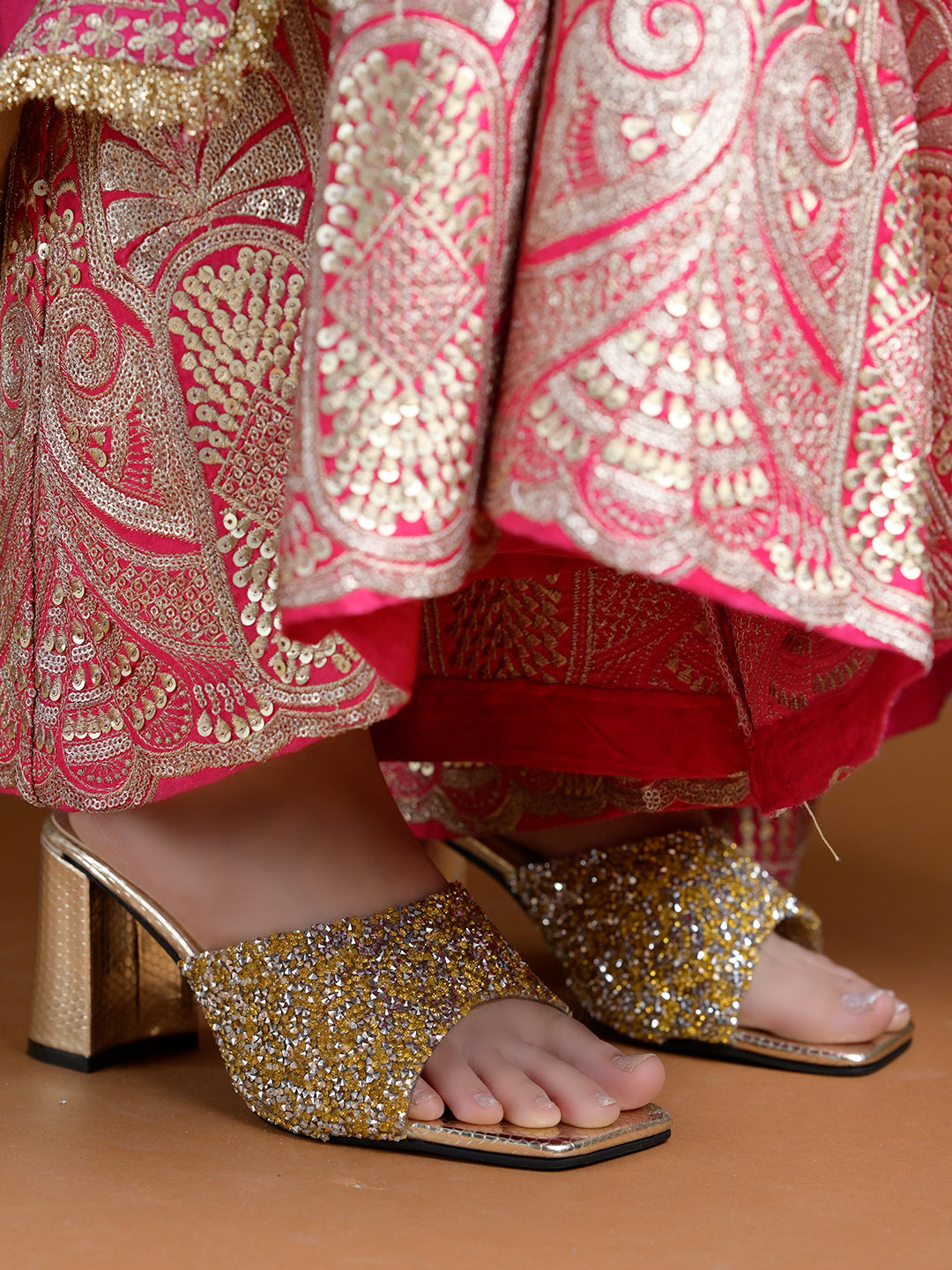Shimmering Golden Embellished Block Heel Mules – Festive Square-Toe Sandals