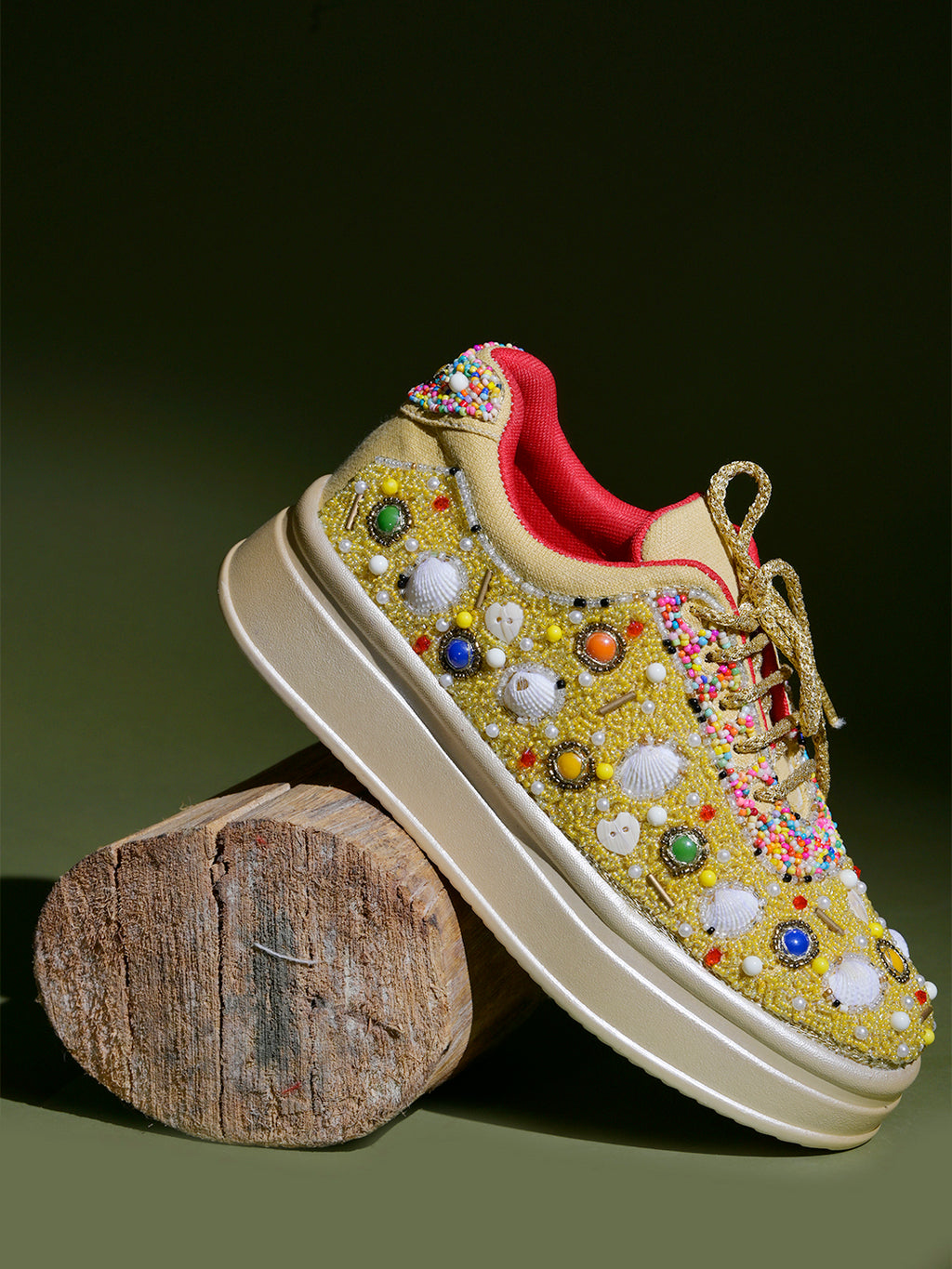 Women’s Wedding Sneakers | Golden Bridal Shoes with Pearls & Lace | Comfortable Flat Sneakers for Brides