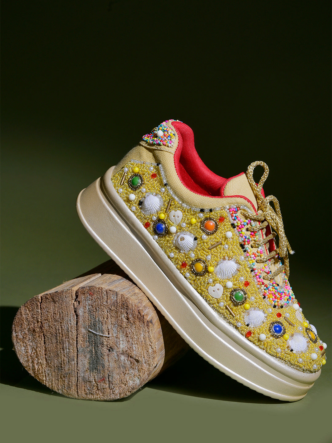 Women’s Wedding Sneakers | Golden Bridal Shoes with Pearls & Lace | Comfortable Flat Sneakers for Brides