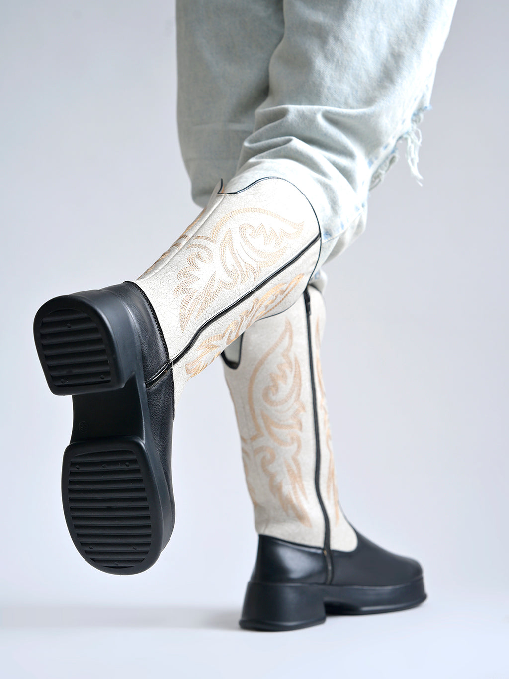 Rodeo Black & White Embroidered Platform Cowboy Boots For Women & Girls