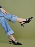 Women's Black Patent Pointed-Toe Slingback Heels with Mary Jane Strap and Gold Buckle Detail