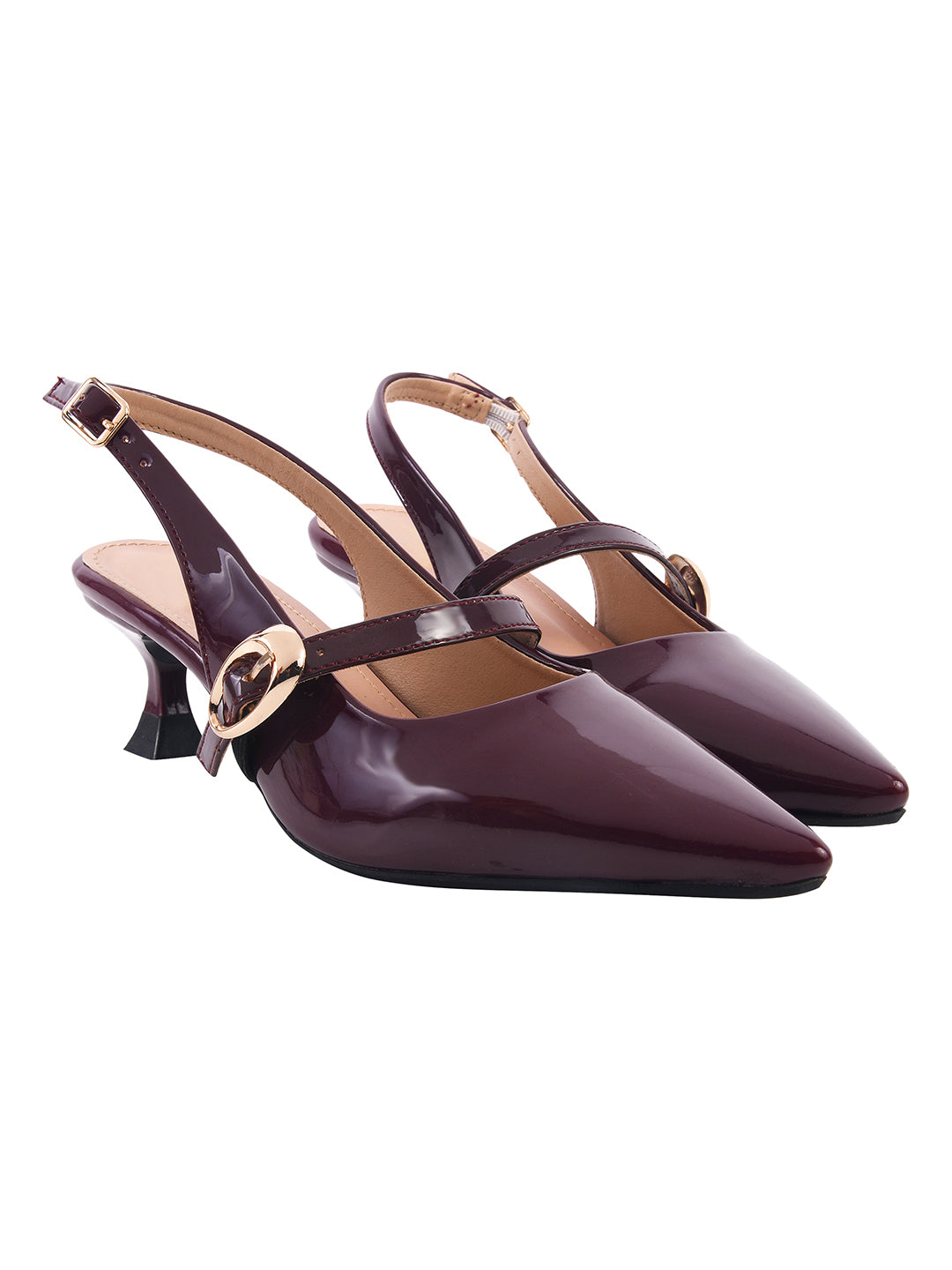 Women's Cherry Patent Pointed-Toe Slingback Heels with Mary Jane Strap and Gold Buckle Detail