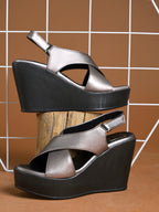 Elegant Metallic Champagne Grey Platform Wedge Sandals – High-Heel Crisscross Comfort Wedges
