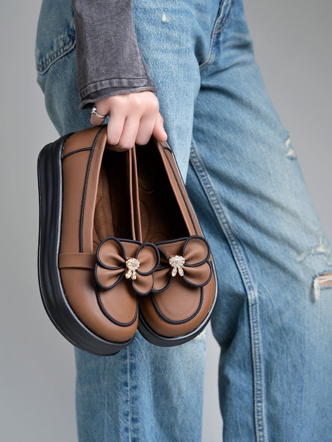 Women’s Slip-On Platform Loafers with Decorative Bow and Crystal Accent