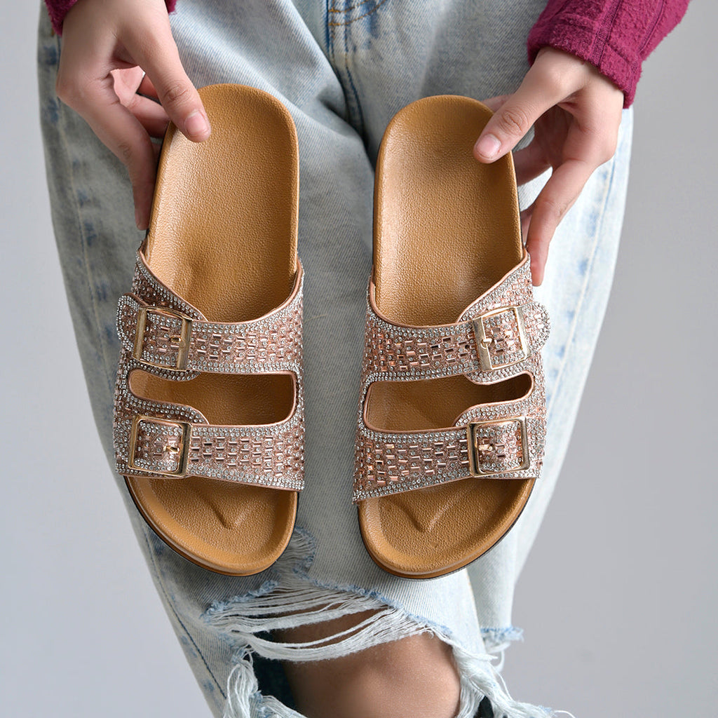 Women’s Embellished Two-Strap Buckle Sandals with Chunky Comfort Sole