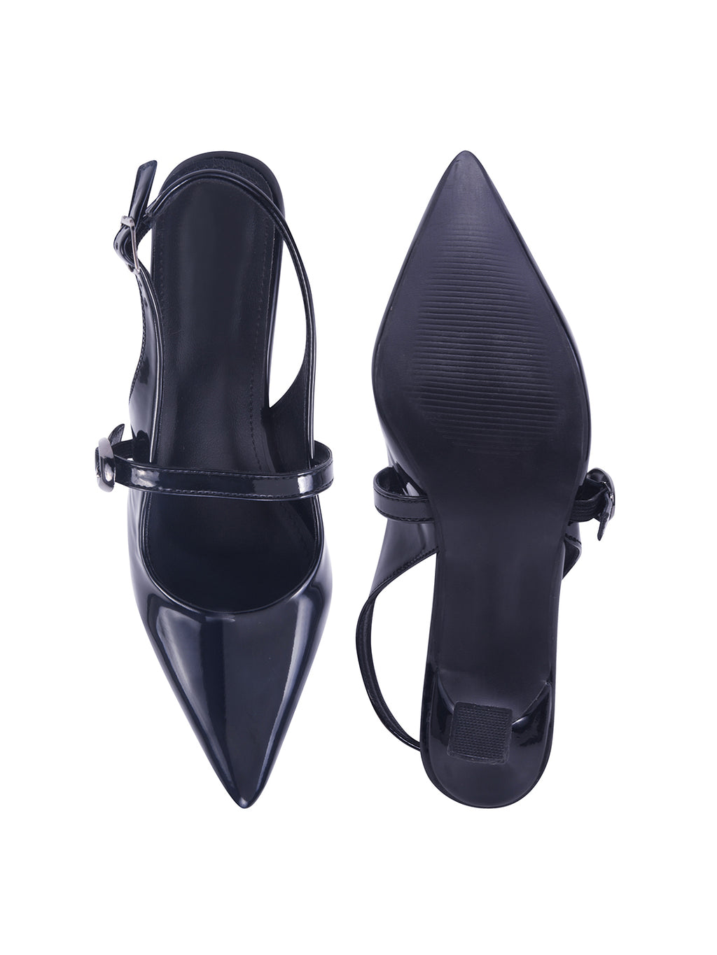 Women's Black Patent Pointed-Toe Slingback Heels with Mary Jane Strap and Gold Buckle Detail