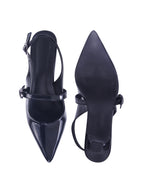 Women's Black Patent Pointed-Toe Slingback Heels with Mary Jane Strap and Gold Buckle Detail