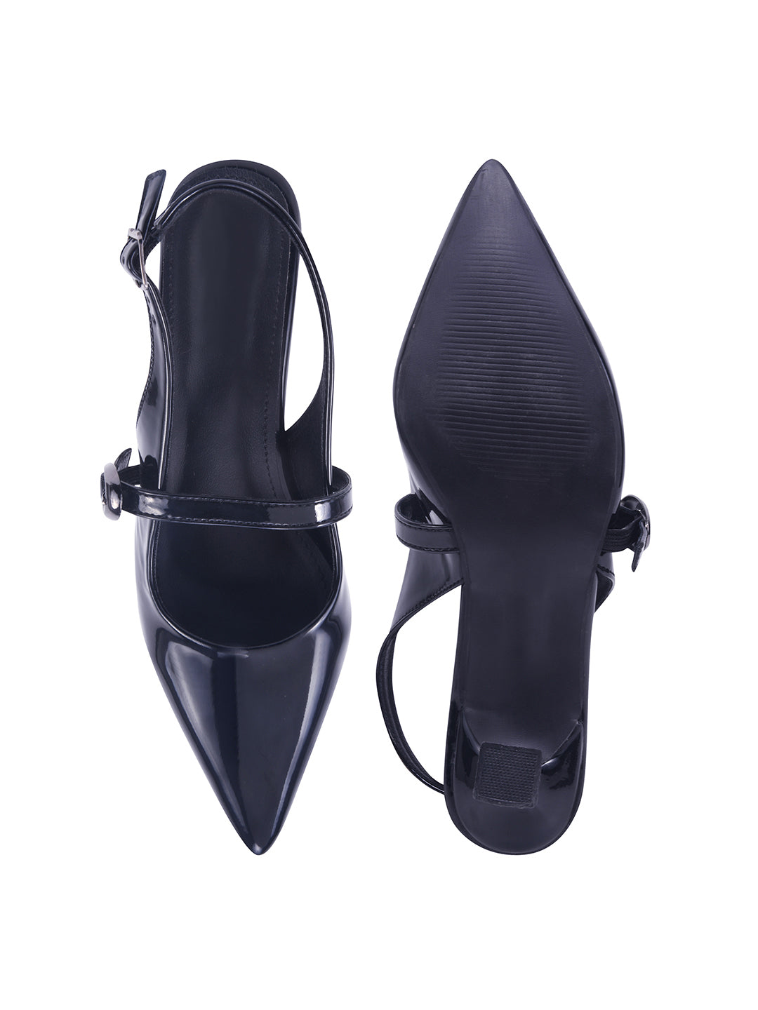 Women's Black Patent Pointed-Toe Slingback Heels with Mary Jane Strap and Gold Buckle Detail