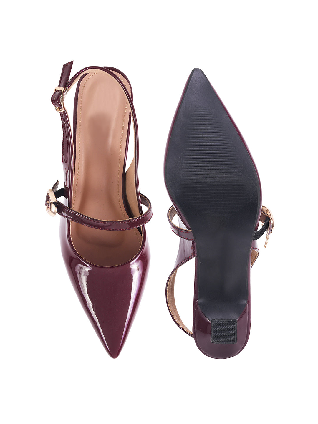 Women's Cherry Patent Pointed-Toe Slingback Heels with Mary Jane Strap and Gold Buckle Detail