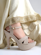Women's Golden Glitter Platform Sandals with Criss-Cross Straps and High Stiletto Heel