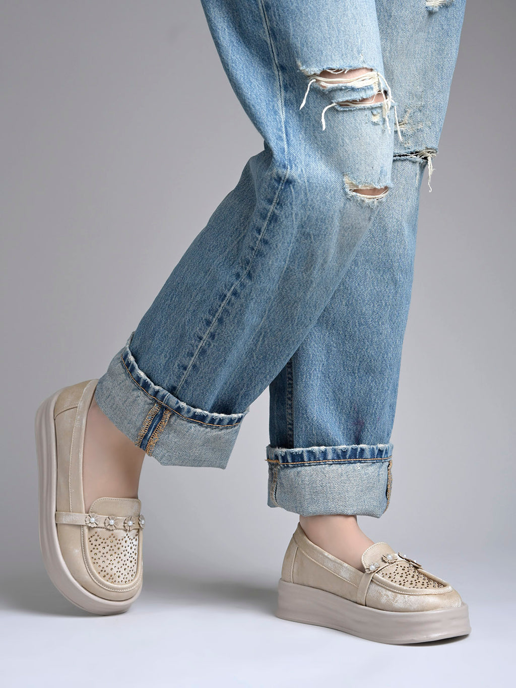 Beige Glitter Platform Loafers with Floral Embellishment For Women & Girls