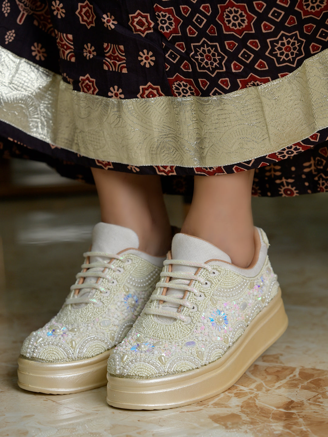 Women’s Wedding Sneakers | Cream Bridal Shoes with Pearls & Lace | Comfortable Flat Sneakers for Brides