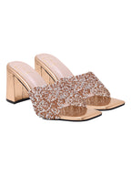 Shimmering Rose-Gold Embellished Block Heel Mules – Festive Square-Toe Sandals